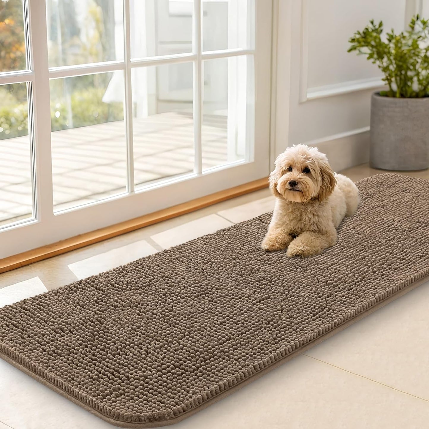 OLANLY Dog Door Mat - Absorbent Non-Slip Chenille Mat for Muddy Paws | 59x20 Inches, Tan