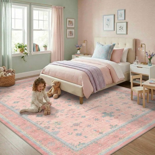 Oushak Rugs | Washable Pink & Blue 8x10 Area Rug - Soft Faux Wool, Modern Floral Design, Non-Slip