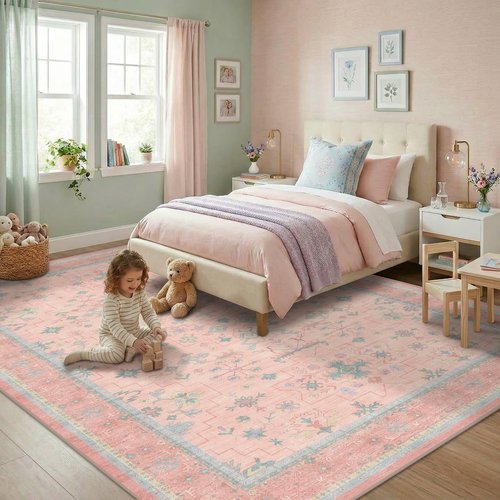 Washable Pink and Blue 6x9 Oushak Rugs for Bedroom Girls, Living Room Kids Playroom Nursery Room, Modern Floral Distressed Design, Soft Faux Wool Low Pile Non Slip Stain Resistance Carpet