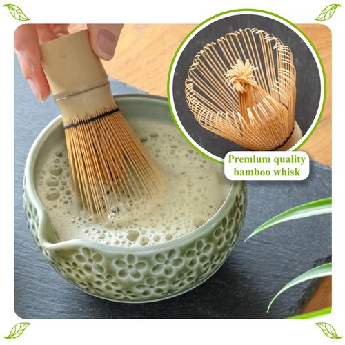 Marce Matcha Whisk Set- Matcha Set includes Matcha Whisk and Bowl, Sifter, Holder and Scoop- The Perfect Bamboo Whisk for Matcha Tea (Molted Green)