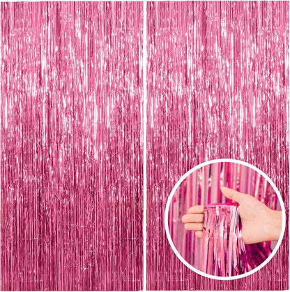 Skiennix Pink Tinsel Curtain Backdrop - 2 Pack Foil Fringe Party Decorations for Birthdays & Events