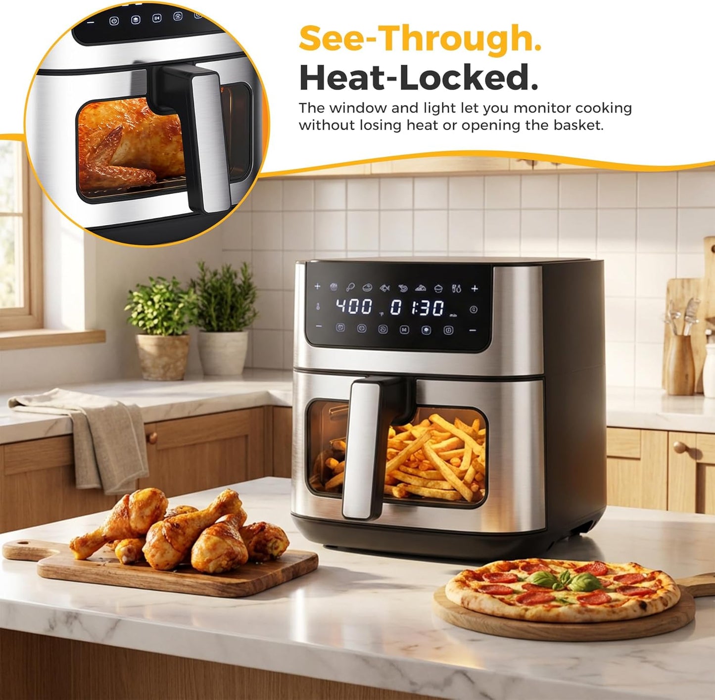 NEWBULIG Air Fryer 6.34QT - Fast Heating Air Fryer with Visible Window & Nonstick Basket | 8-in-1 Cooking Presets, Black