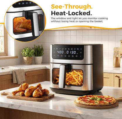 NEWBULIG Air Fryer 6.34QT - Fast Heating Air Fryer with Visible Window & Nonstick Basket | 8-in-1 Cooking Presets, Black
