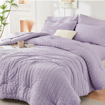 HYMOKEGE Lavender Full Size Comforter Sets Seersucker 7 Pieces, All Season Luxury Bed in a Bag for Bedroom, Bedding Set with Comforters, Sheets, Pillowcases & Shams