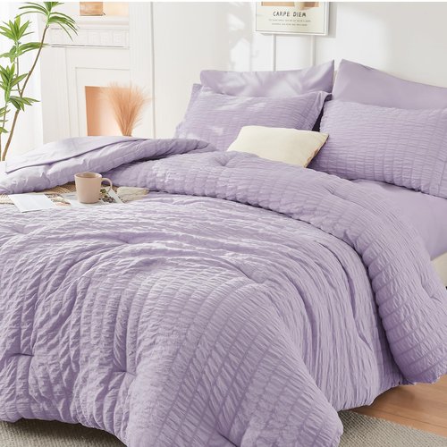 HYMOKEGE Lavender Full Size Comforter Sets Seersucker 7 Pieces, All Season Luxury Bed in a Bag for Bedroom, Bedding Set with Comforters, Sheets, Pillowcases & Shams