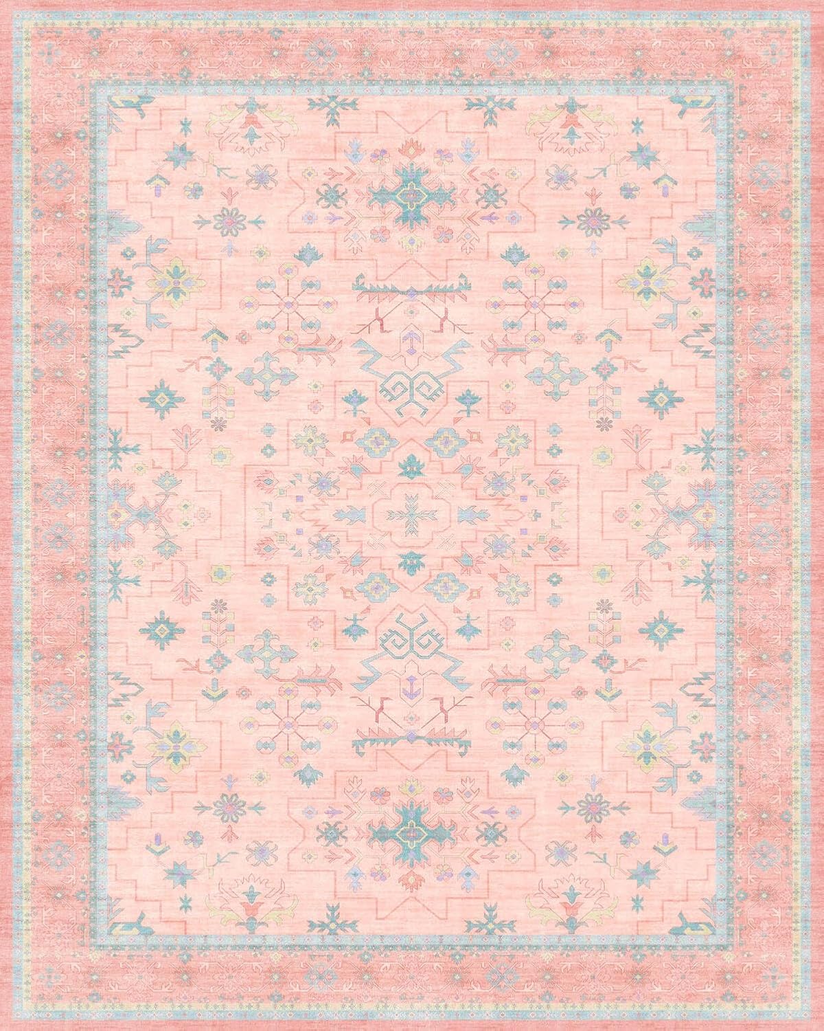 Oushak Rugs | Washable Pink & Blue 9x12 Living Room Rug | Modern Floral Design, Soft Faux Wool