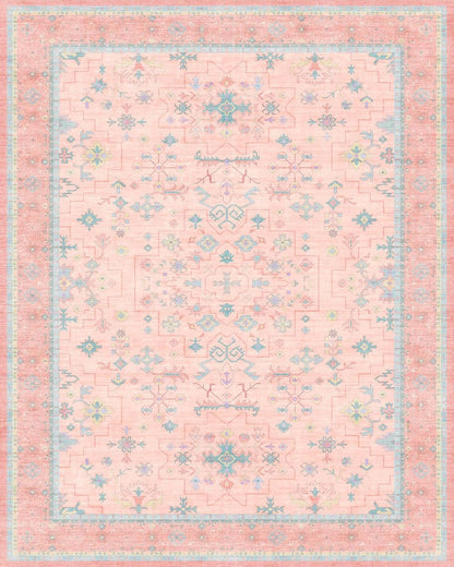 Oushak Rugs | Washable Pink & Blue 9x12 Living Room Rug | Modern Floral Design, Soft Faux Wool