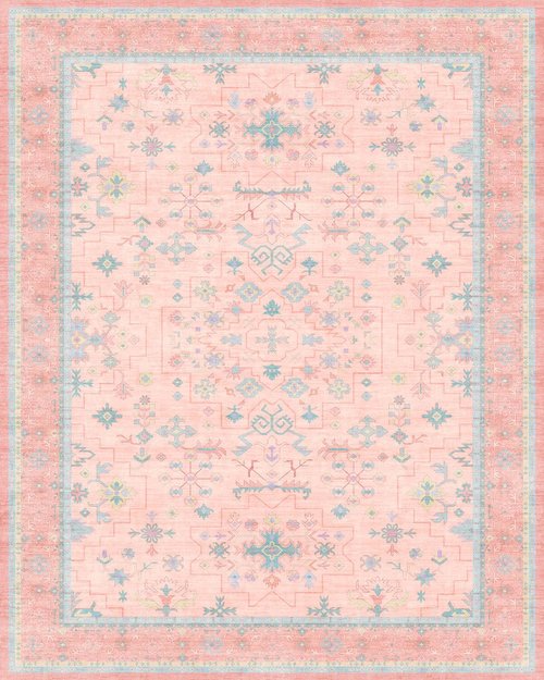 Washable Pink and Blue 9x12 Oushak Rugs for Living Room Rug Bedroom Girls, Modern Floral Aethestic Distressed Design, Soft Faux Wool Low Pile Non Slip Stain Resistance Carpet