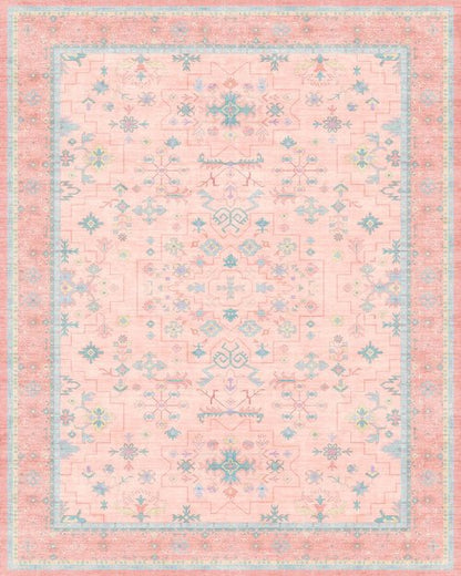 Washable Pink and Blue 9x12 Oushak Rugs for Living Room Rug Bedroom Girls, Modern Floral Aethestic Distressed Design, Soft Faux Wool Low Pile Non Slip Stain Resistance Carpet