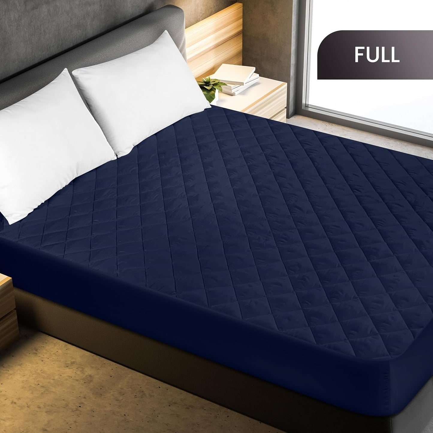 Utopia Bedding Quilted Fitted Mattress Pad - Full Size Deep Pocket Protector | Navy, Machine Washable