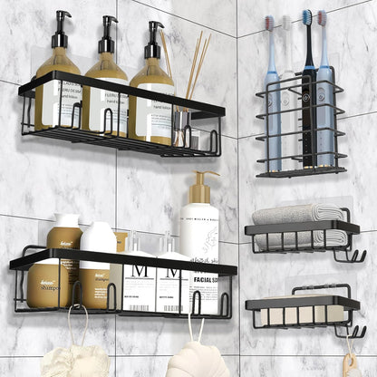 Skiennix Shower Caddy - 5 Pack Adhesive Organizer for Bathroom & Kitchen Storage | Rustproof Stainless Steel