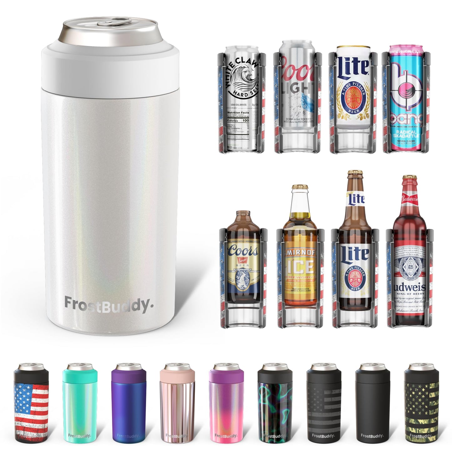 Frost Buddy Universal Can Cooler - Fits all - Stainless Steel Can Cooler for 12 oz & 16 oz Regular or Slim Cans & Bottles - Stainless Steel