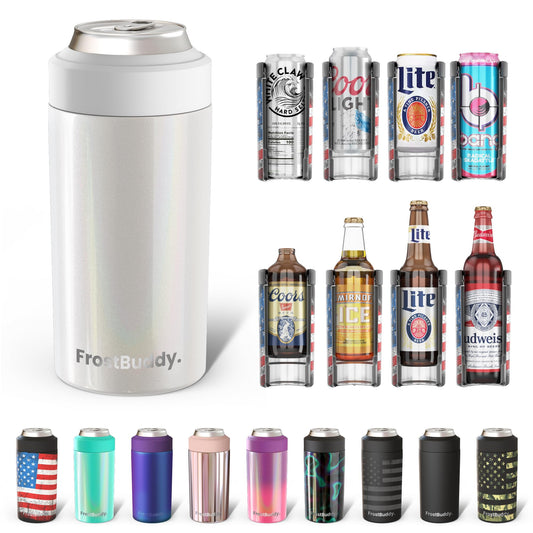 Frost Buddy Universal Can Cooler - Fits all - Stainless Steel Can Cooler for 12 oz & 16 oz Regular or Slim Cans & Bottles - Stainless Steel