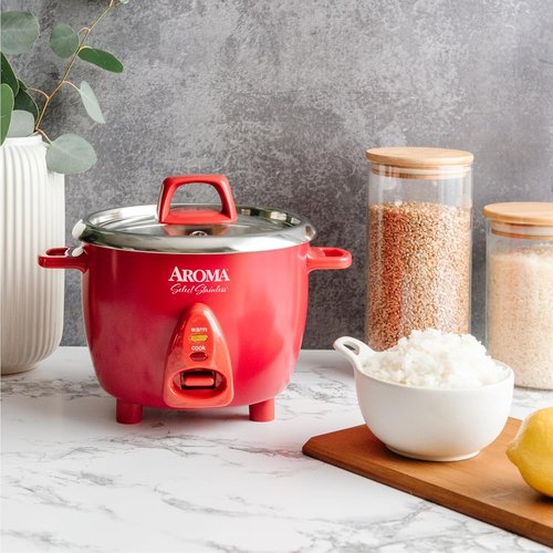 Aroma Housewares 6-Cup Stainless Rice Cooker & Warmer - Uncoated Inner Pot, Red | Model ARC-753SGR