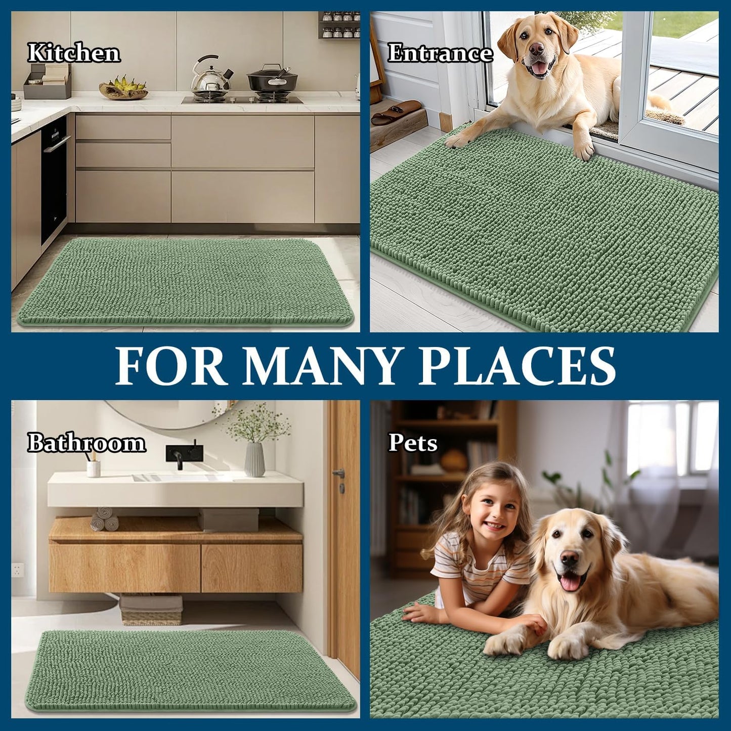 OLANLY Dog Door Mat - Absorbent Non-Slip Washable Doormat for Muddy Paws | 59x20 Olive Green