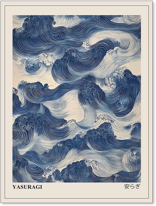 Japanese Blue Waves Wall Art - Vintage Japandi Wabi Sabi Canvas Print | Abstract 12x16 Inch Unframed Decor