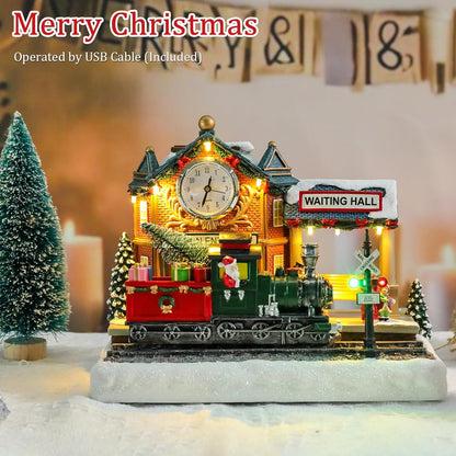 VCUTEKA Animated Christmas Village Train Station - Lighted Musical Santa Decor for Holiday Display