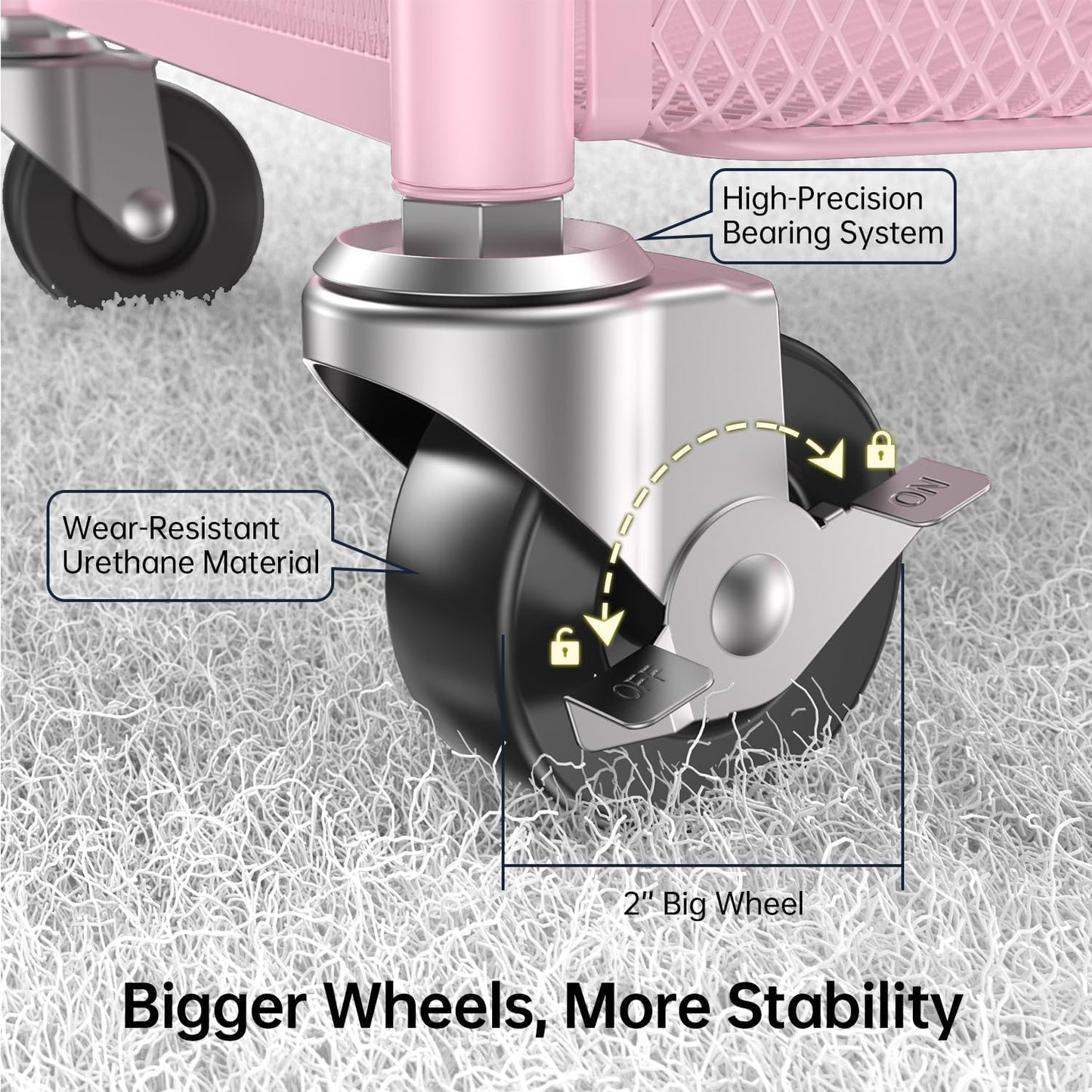 YASONIC 3-Tier Rolling Cart - Metal Utility Storage Cart with Wheels & Hooks | Pink Craft Organizer