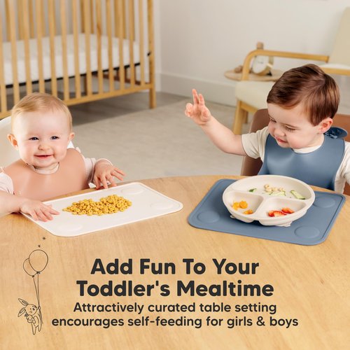 KeaBabies 2pk Silicone Placemats for Toddlers, Kids - 12x9 Non Slip Suction Baby Silicone Placemat for Restaurants, Dining Table,Travel, Easy to Clean, Food Grade/BPA-Free,Small Baby Table Mat(Slate)