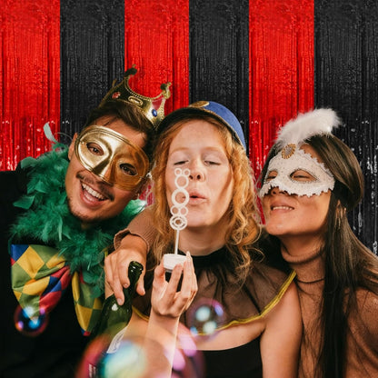 Regine Switzerland Party Backdrop Streamers - 5 Pack Metallic Tinsel Curtains for Events | Black & Red