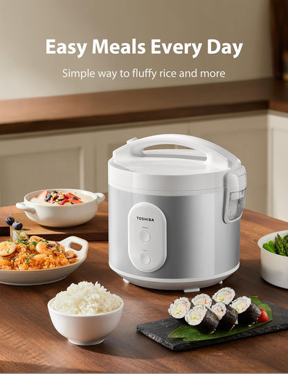 TOSHIBA 5.5 Cup Rice Cooker & Steamer - Removable Non-Stick Pot, One-Touch Function, Silver White