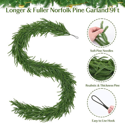 4Pcs 9Ft Christmas Norfolk Pine Garland - Faux Greenery for Mantle (Variation: 4+9 FT)
