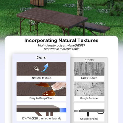 VSOAEIL Folding Table 4 Foot for Indoor Outdoor, Portable Heavy Duty Fold-in-Half Utility Small Plastic Adjustable Height Folding with Carrying Handle for Picnic Camping and Party, Brown