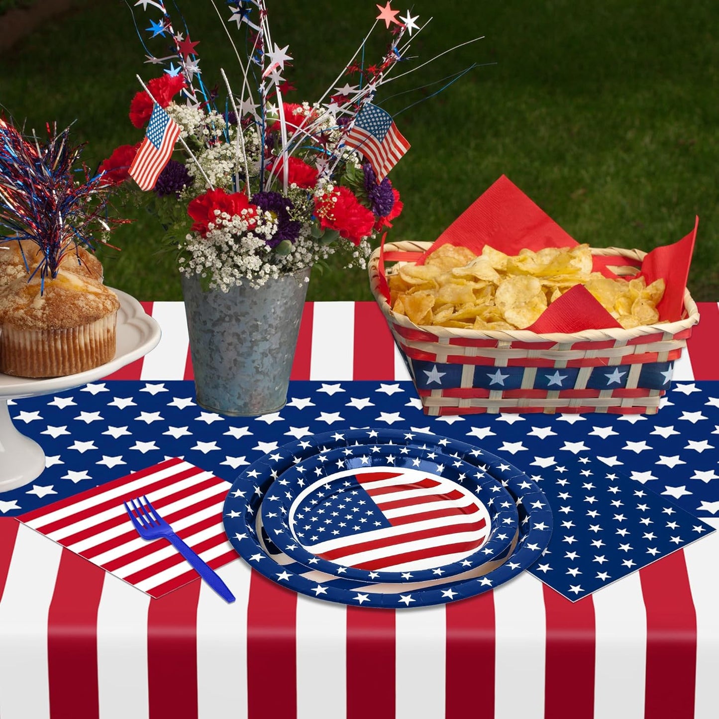QZYL 122 PCS Fourth of July Decorations - Patriotic Plates, Napkins & Tableware Set | American Flag Design