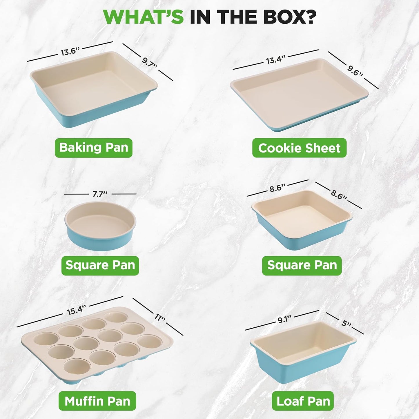 NutriChef 6-Piece Baking Pan Set - Premium Ceramic Nonstick Carbon Steel Bakeware | Includes Muffin, Cake, Loaf, & Cookie Pans - Turquoise