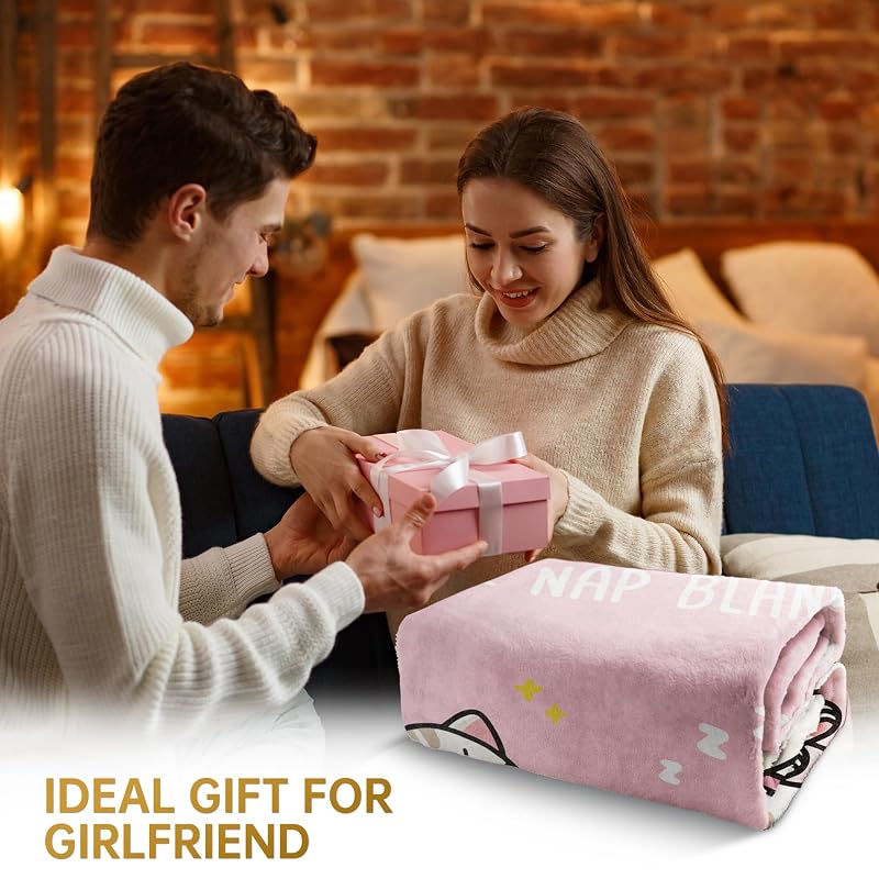 Girlfriend Gift Blanket - 80x60 in Pink Nap Cartoon Cats Cozy Throw