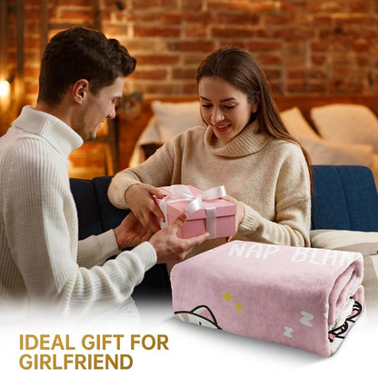 Girlfriend Gift Blanket - 80x60 in Pink Nap Cartoon Cats Cozy Throw