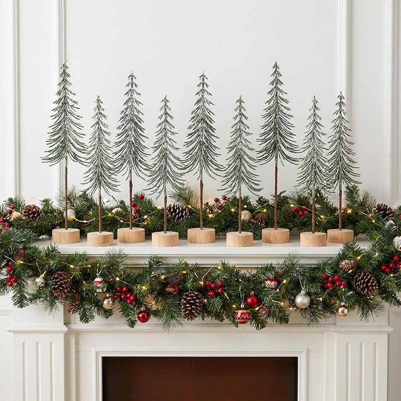 9 Pcs Mini Alpine Christmas Trees Set - Green & White Snow Decor, 12.5in, 12in, 10.5in Variation Green+1in