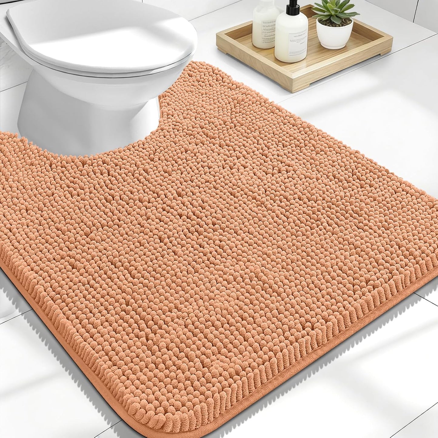 OLANLY U-Shaped Toilet Rug - Extra Soft Chenille Bathroom Mat, Quick-Dry & Non-Slip, 24x20 Inches, Peach