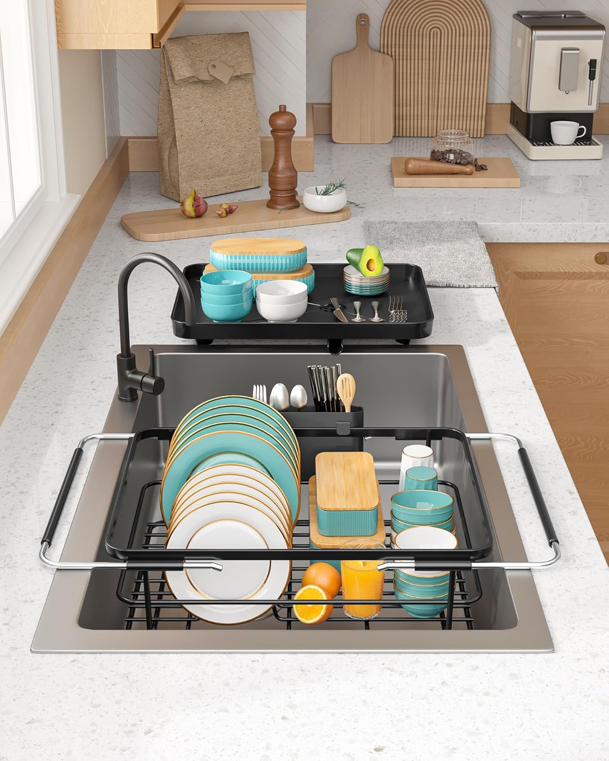 Skiennix Extendable Dish Drying Rack - Over Sink Storage with Utensil Holder | 12" W x 16.1~23" L, Black