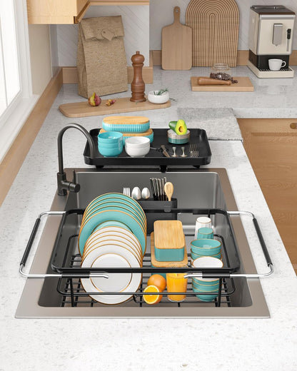 Skiennix Extendable Dish Drying Rack - Over Sink Storage with Utensil Holder | 12" W x 16.1~23" L, Black