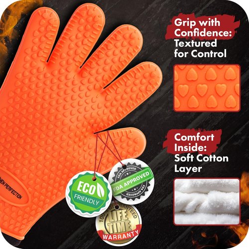 KITCHEN PERFECTION Silicone Smoker Oven Gloves - Extreme Heat Resistant BBQ Mitts | Waterproof & Versatile for Grilling, Frying & Smoking