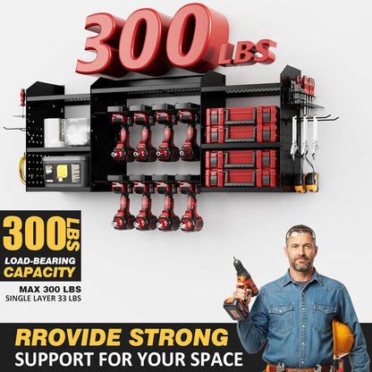 Power Tool Organizer - Heavy-Duty Wall Mount Storage Rack with Charging Station & 8 Outlet Power Strip | 51 Inch, 3 Tier, 8 Bin Shelves