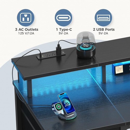 DUMOS 40-Inch Computer Desk - 4 Drawers with Power Outlets & LED Lights | Compact Office Desk in Black