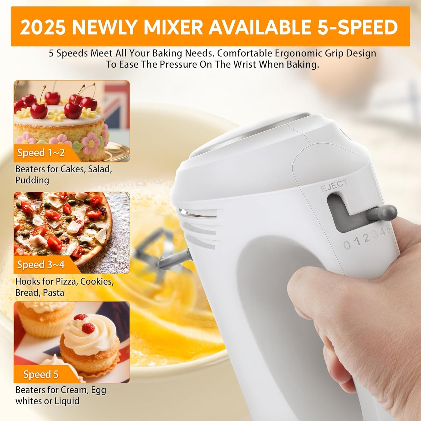 Skiennix Handheld Electric Mixer - 350 Watt 5-Speed with Turbo Boost | Heavy-Duty Kitchen Mixer with 4 Stainless Steel Attachments
