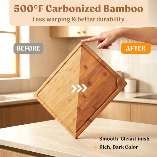 Carbonized Bamboo Cutting Boards - Set of 3 Heat Treated Chopping Boards with Juice Groove & Stand