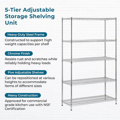 Honey-Can-Do Heavy-Duty 5-Tier Metal Storage Rack - 800 lb Capacity, Chrome Finish, 18" W x 42" L x 72" H