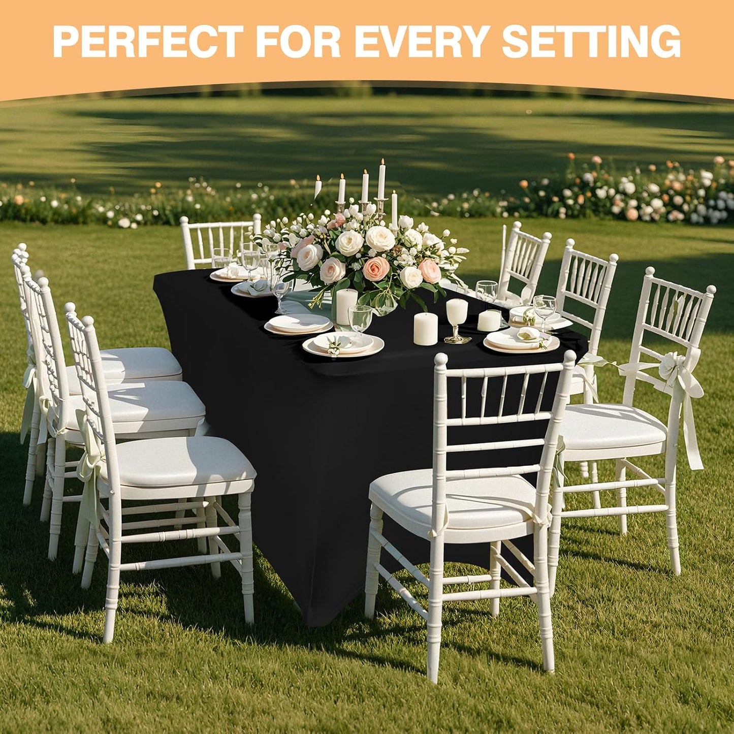 Skiennix 4-Foot Black Spandex Tablecloth - Fitted & Stretch, Washable, Wrinkle Resistant for Events & Parties