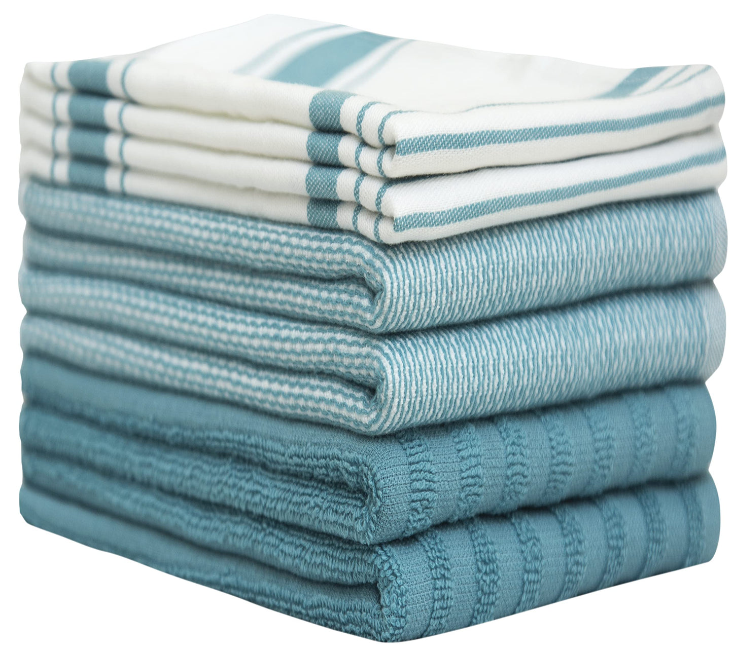 Premium Kitchen Towels 20”x 28”- 6 Pack| Large Cotton Kitchen Towels | Hand Towels for Kitchen | Flat & Terry Towel | Dish Towels | Highly Absorbent Tea Towels Set with Hanging Loop | Aqua Striped