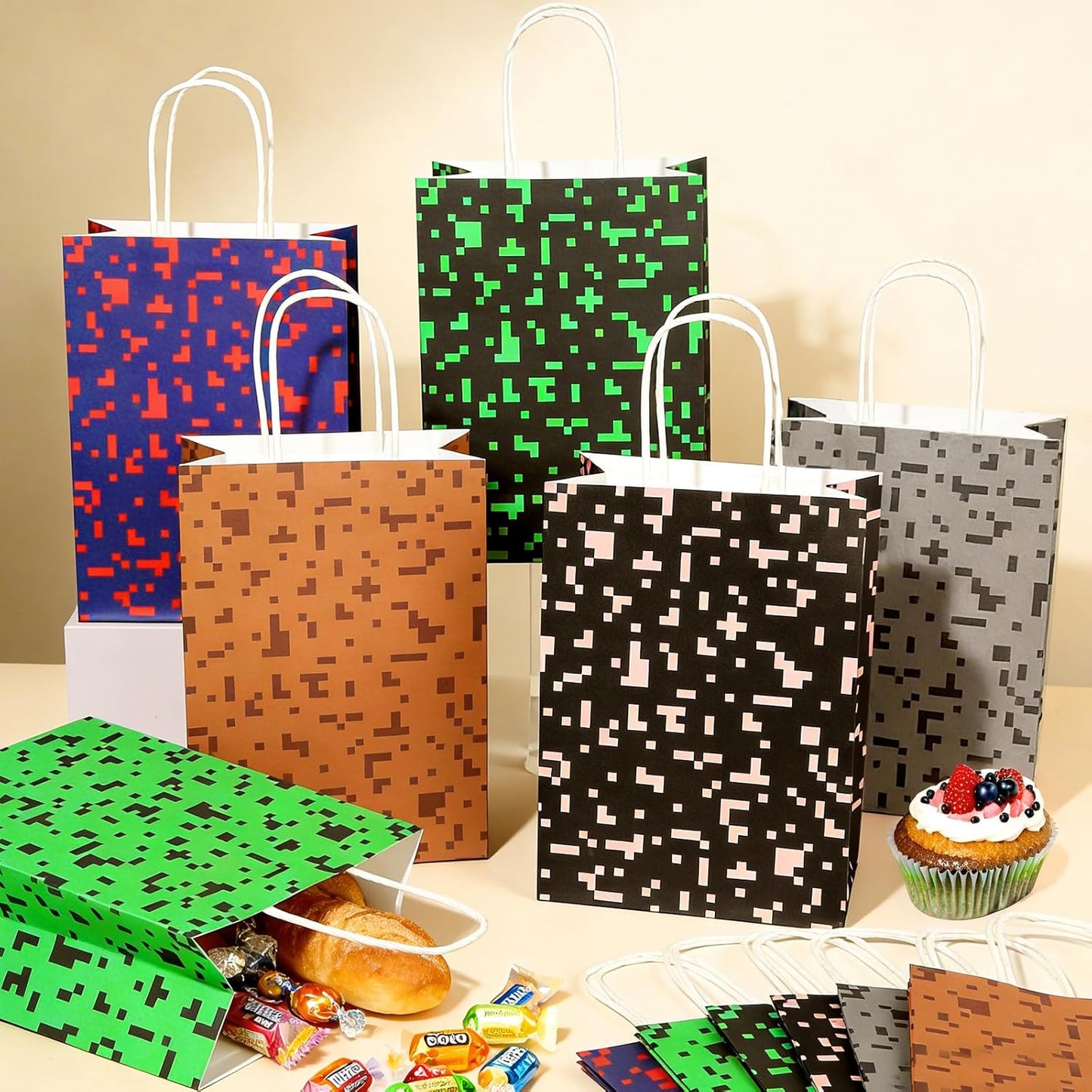 Skiennix Pixel Party Favors Bags - 12 PCS Video Game Themed Treat Bags with Handles for Kids' Birthdays