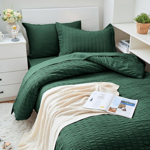HYMOKEGE Twin XL Comforter Set - Emerald Green Seersucker 5-Piece Luxury Bedding Set