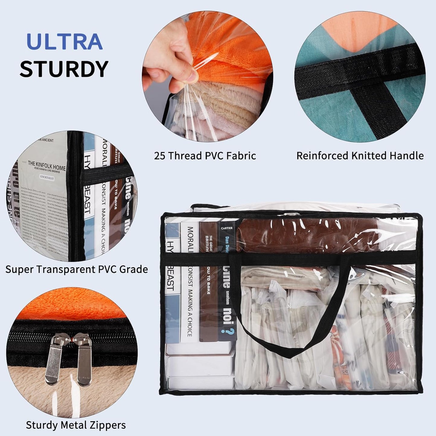 SGHUO Blanket Storage Bags - Extra Large 60L Clear Vinyl Bags for Clothes & Bedding | 4-Pack with Zipper & Reinforced Handle