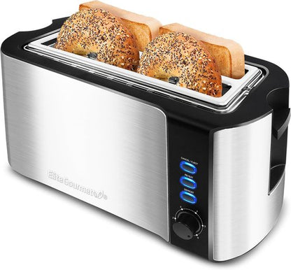 Elite Gourmet Long Slot 4-Slice Toaster - Extra Wide Slots, 6 Toast Settings, Stainless Steel & Black