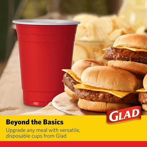 Glad Everyday Disposable Plastic Cups - Heavy Duty Red Drinking Party Cups - 16 Ounce, 100 Count | 6 Pack