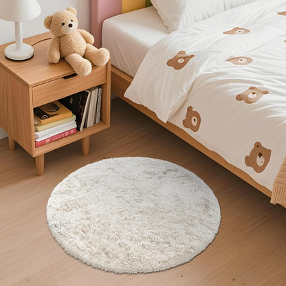 OLANLY Ivory Round Area Rug - Soft, Machine Washable 2 ft Shaggy Carpet for Bedroom & Living Room Decor
