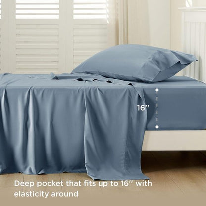 Bedsure Cooling Twin Sheets - Breathable Rayon from Bamboo | Soft, Deep Pocket Up to 16 Inches, Dusty Blue